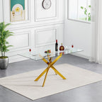 Gold Glass Dining Table for 4 Modern 51.2" Rectangular Kitchen Dining Room Table for 4 with X-Shape Metal Base Large Clear Glass Top Dining Tables for Home Kitchen