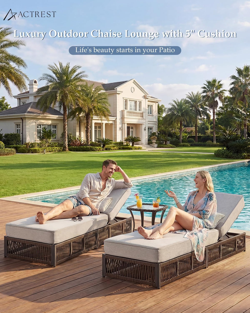 Luxury Outdoor Chaise Lounge Chairs of 2 with 5 Inch Thick Cushions and Side Table - 3 PCS High Back Brown Wicker Rattan Patio Recliners Lounger Furniture Set for Poolside Sunbathing - Beige