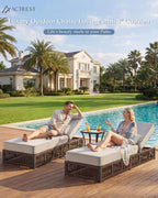 Luxury Outdoor Chaise Lounge Chairs of 2 with 5 Inch Thick Cushions and Side Table - 3 PCS High Back Brown Wicker Rattan Patio Recliners Lounger Furniture Set for Poolside Sunbathing - Beige