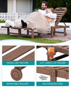 SERWALL HDPE Outdoor Chaise Lounge Set of 2 with Cup Holder & Wheels, Brown