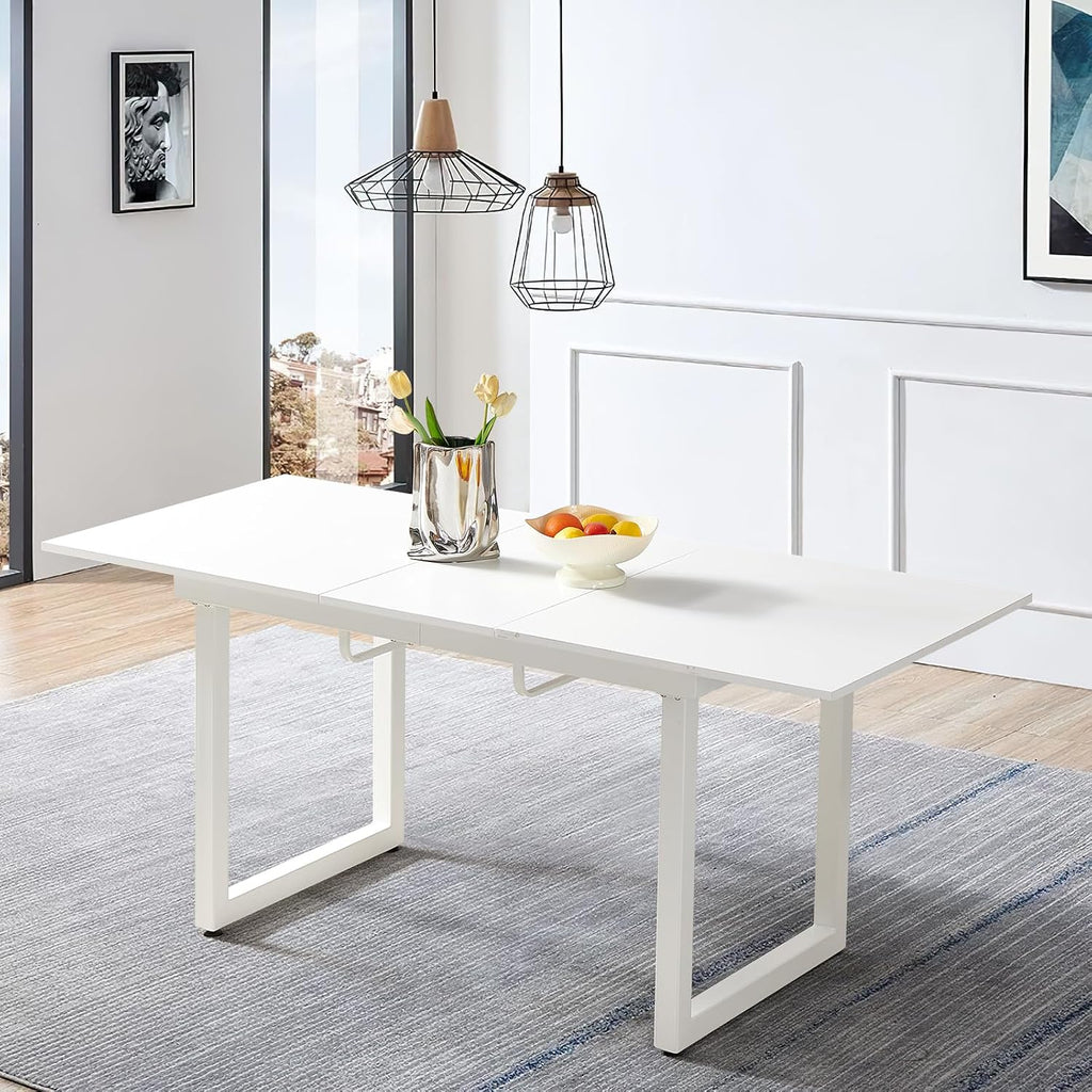Extendable Dining Table for 4-8 Person, Extendable from 55" to 71", Modern Rectangle Dining Table with MDF Tabletop and Metal Frame, Expanding Kitchen Table for Home, Office (White)