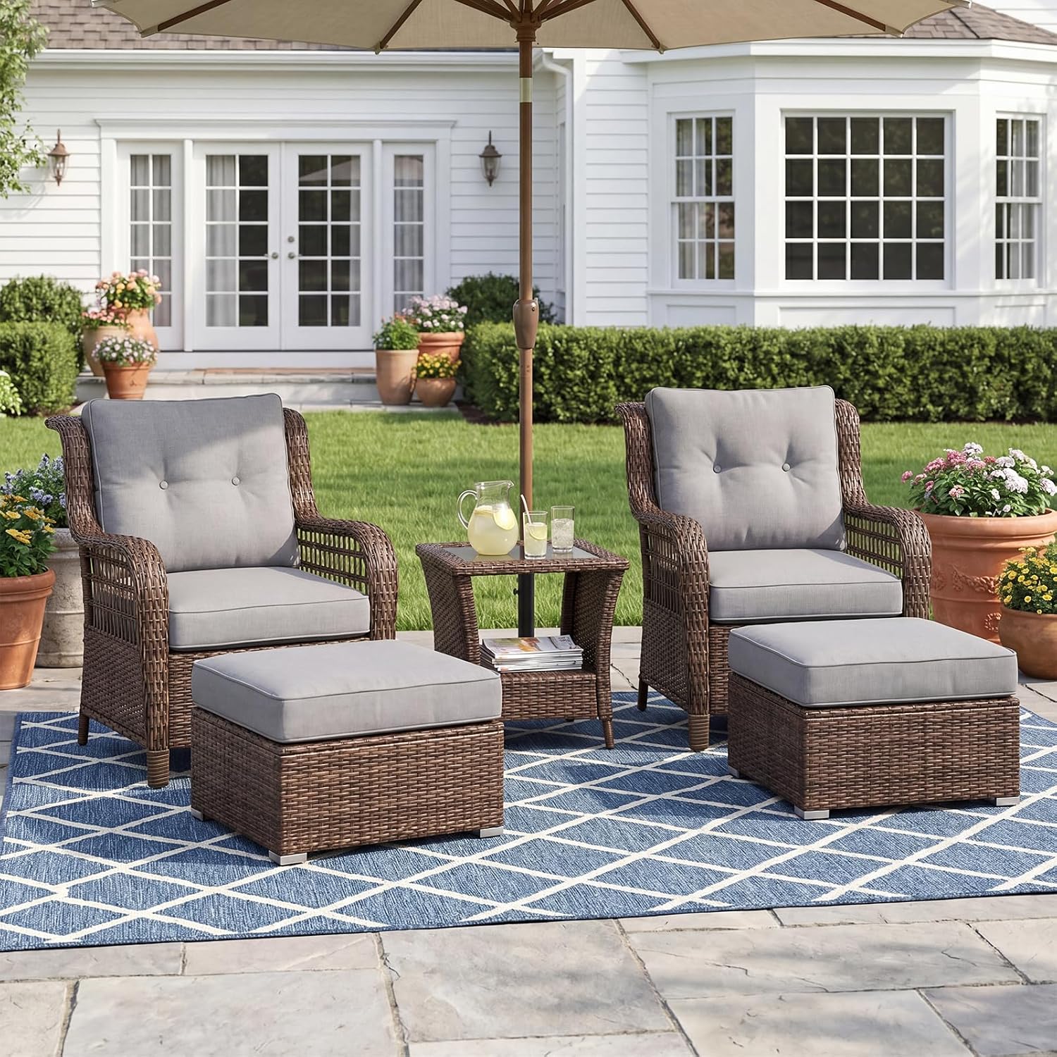 SUNBURY 2 Piece Outdoor Wicker Patio Ottoman Set, 30" Large Square Footrest with Thick Removable Cushion, All-Weather PE Rattan Stool for Backyard Poolside Porch, Grey