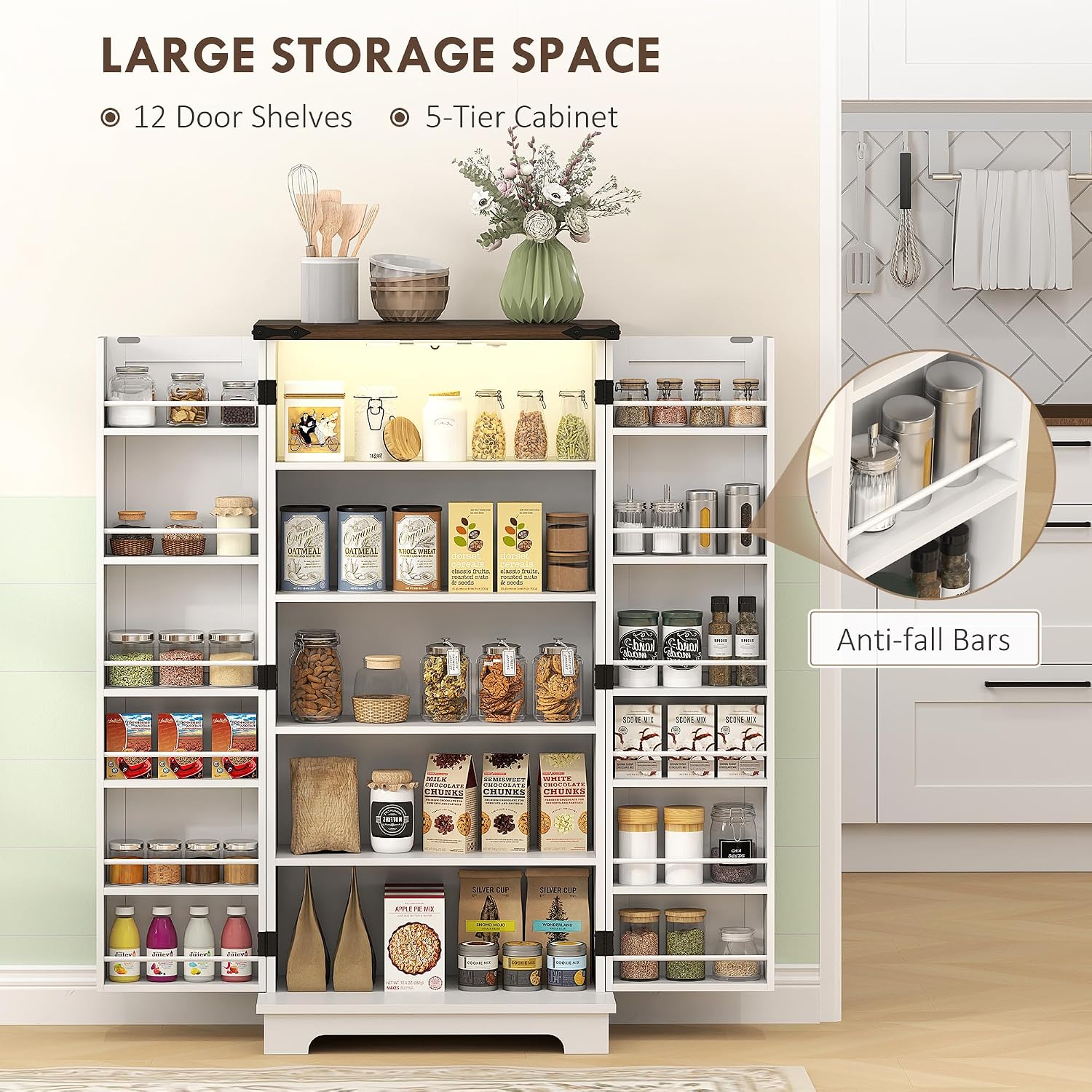 HOMCOM 47" LED Kitchen Pantry Cabinet with Barn Door 5 Deep Shelves White | Farmhouse Storage Cabinet, 12 Door Shelves, Freestanding Food Pantry