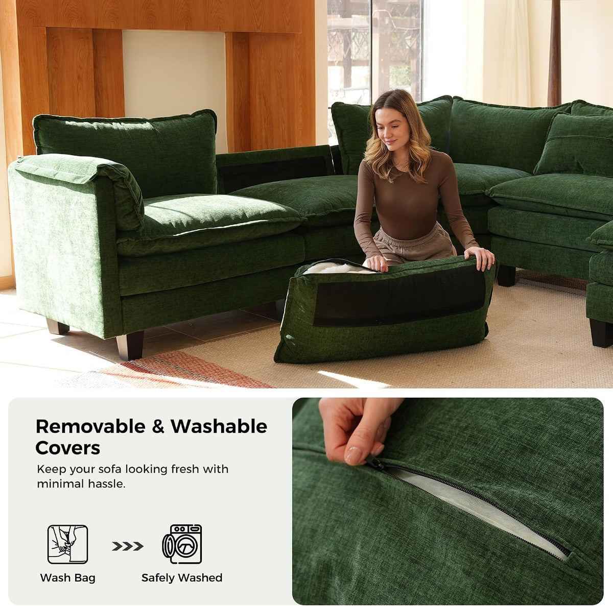ELUCHANG 113" Oversized Modular Sectional Sofa, Comfy Chenille Cloud Couch, 4-Seater L Shaped Modern Deep Seat Sofa w/Removable Covers for Living Room, Bedroom, DIY Combination - Green