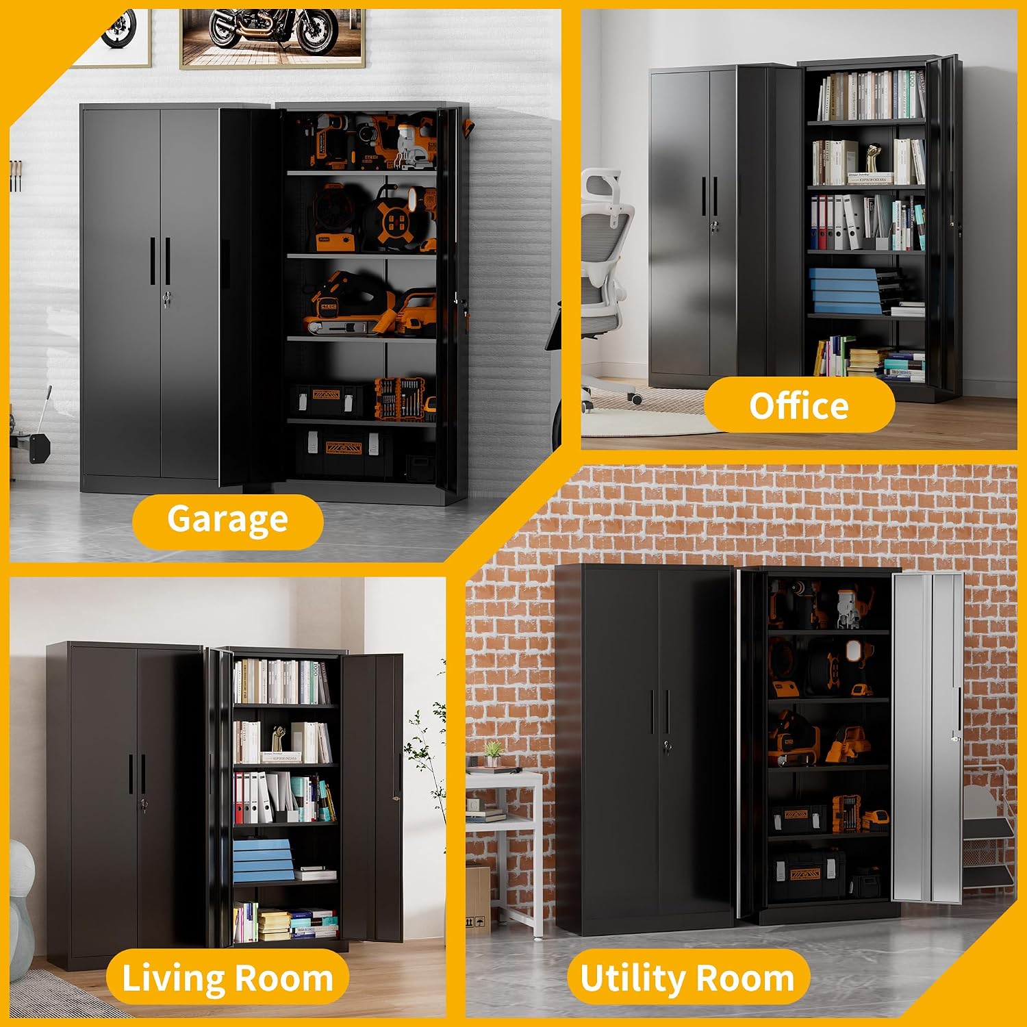 Metal Storage Cabinet with 2 Doors and 4 Adjustable Shelves, 71" Garage Storage Cabinet with Anti-Tipping Design, Lockable Garage Cabinets for Office, Home, Garage, Gym, School