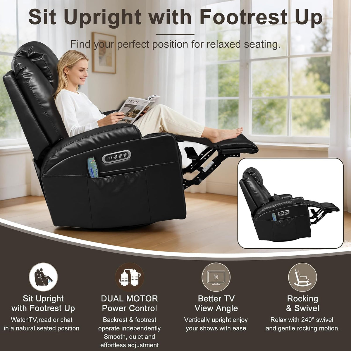 AHMED Dual Motor Power Swivel Rocker Recliner Chair, Faux Leather, Black | Electric Glider Rocking Chair, Massage & Heat, Cup Holders, LED Lights, USB A/USB C Ports