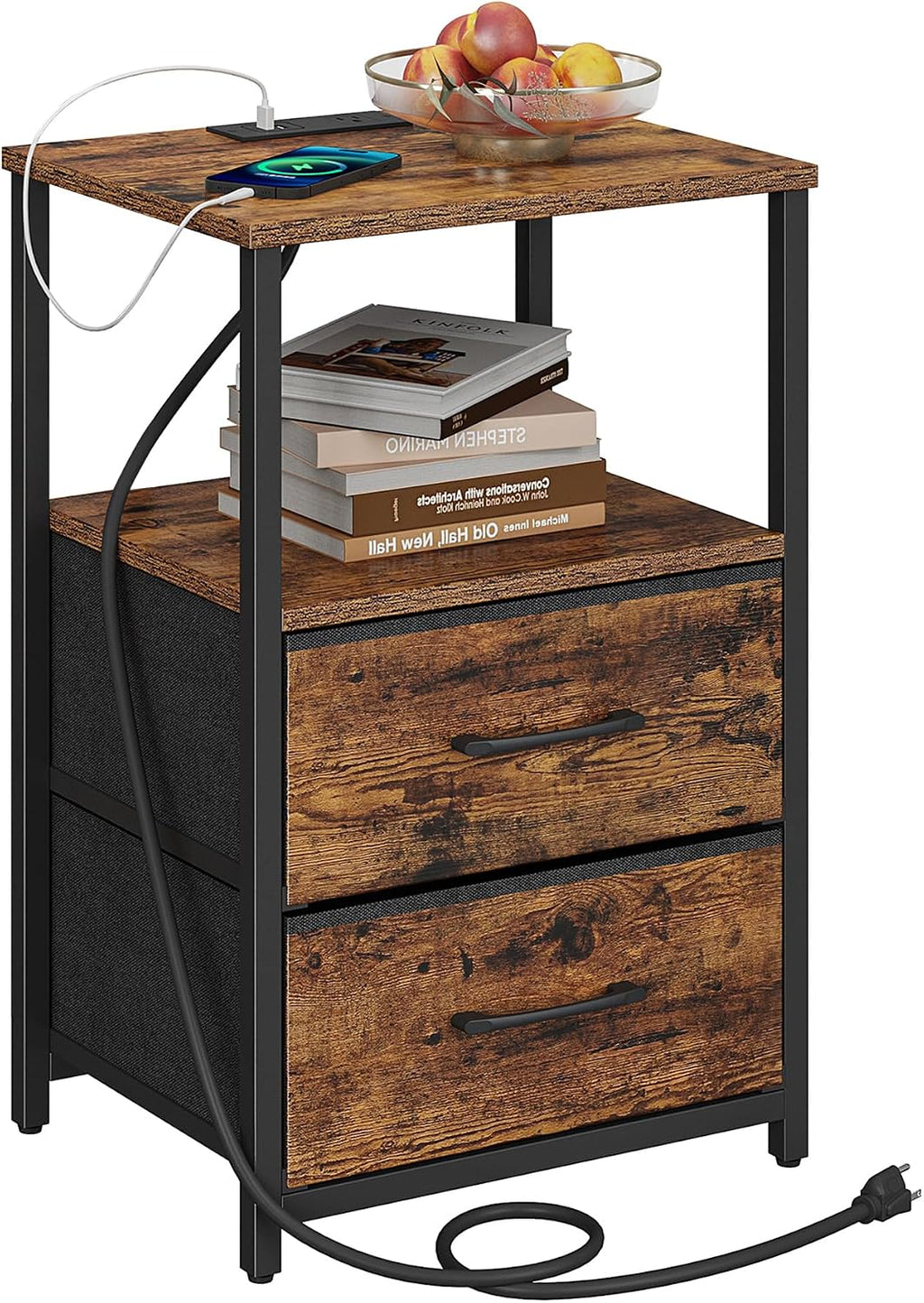 TUTOTAK End Table with Charging Station, Night Stand | Side Table with 2 USB Ports and Outlets, Nightstand with Cloth Drawer, Bedside Table for Livingroom, Bedroom Brown TB01BB088