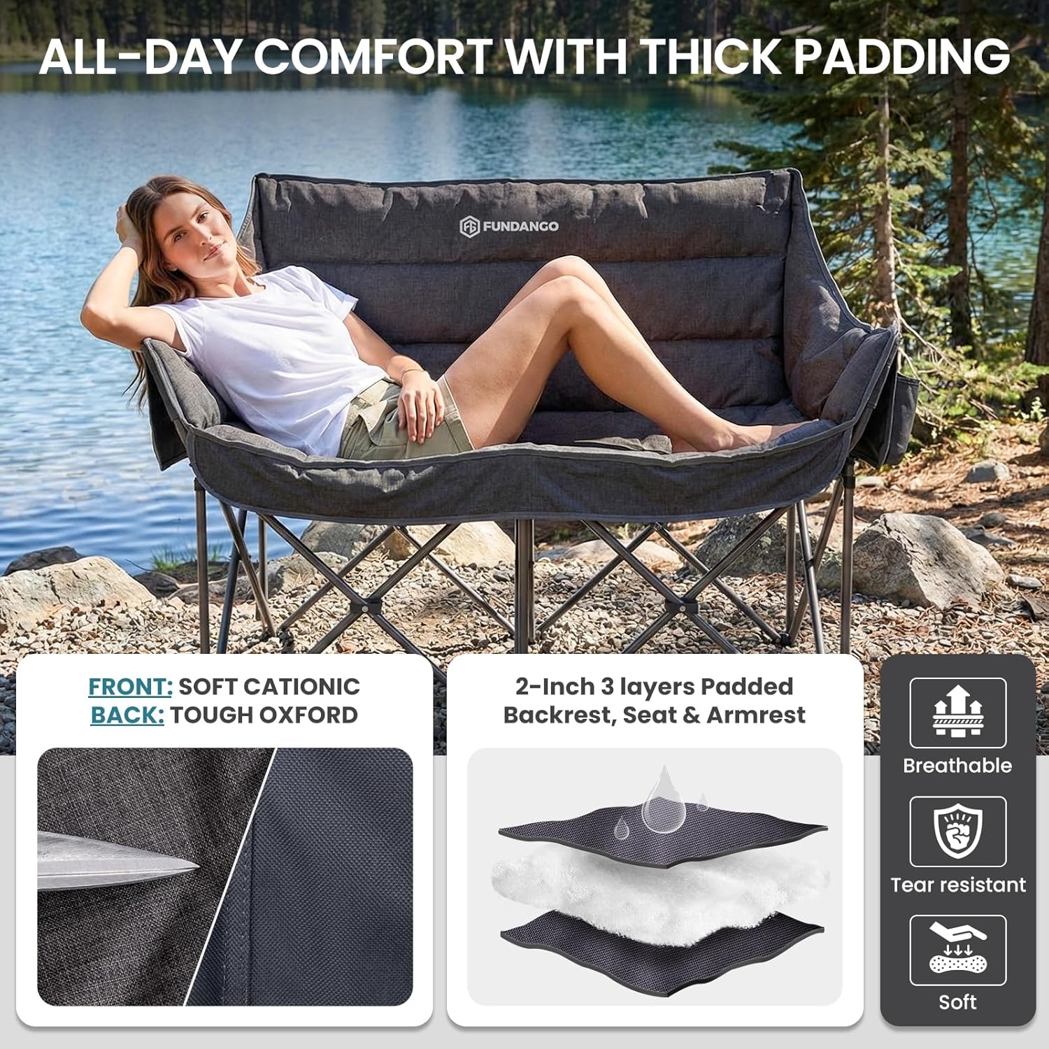 FUNDANGO Double Camping Chair, Oversized Padded Camping Loveseat for Adults, Heavy Duty Folding Camping Couch for 2 Person, Portable Outdoor Sofa with Cup Holders for Lawn, Sports, RV, Grey