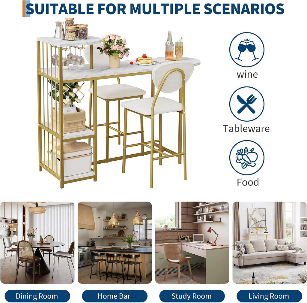 Garvee Dining Table Set for 2, 3-Piece Expandable Bar Table and Chairs Set | Bar Table and Chairs Set with Storage Shelves and Wine Rack, Small Kitchen Dining Set for Living Room, Apartment