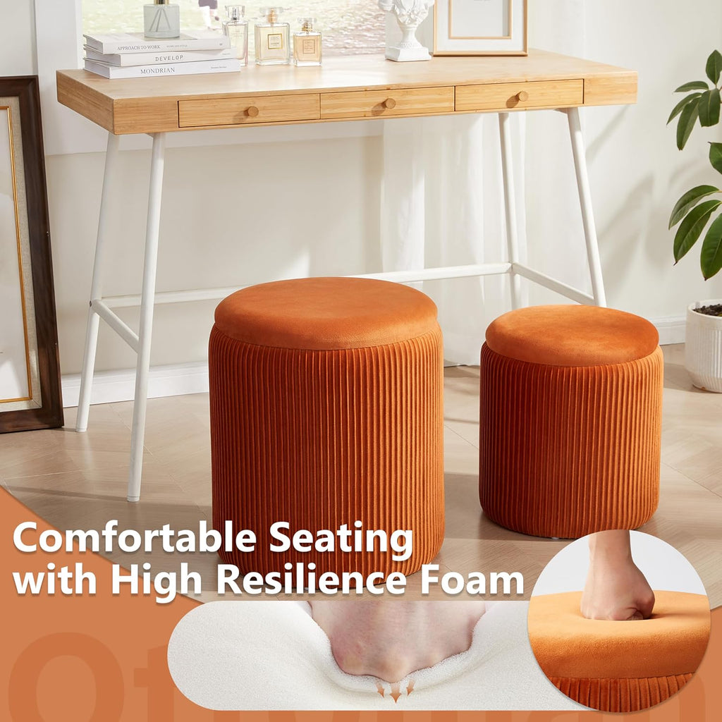 Royal Windsor Round Ottoman with Storage Set of 2, Storage Vanity Stool | Velvet Upholstered Round Storage Ottoman, Ottoman Coffee Table, Small Foot Stool for Living Room & Bedroom, Orange