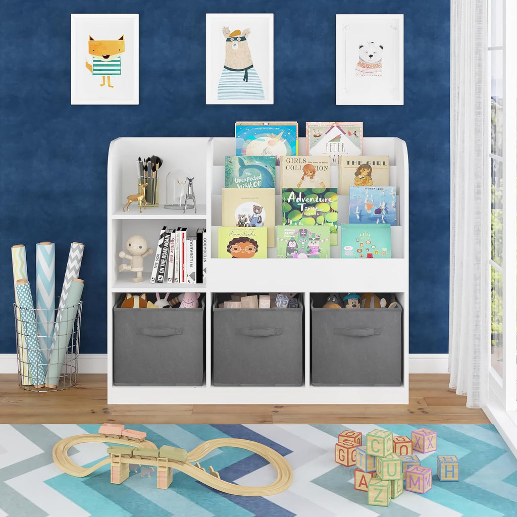 Kids Bookcase with 3 Collapsible Fabric Drawers, Multifunctional Toy | Sturdy MDF construction holds heavy books; anti-tip device for safety; 3 collapsible fabric drawers for toy storage; per