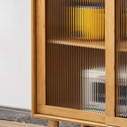 Bamboo Kitchen Sideboard Pantry Cabinets with Hooks, Large Storage Cupboard Pantry with 4 Tempered Glass Doors, Microwave Shelf, Freestanding Storage Buffet for Dining Room (Sideboard-32)