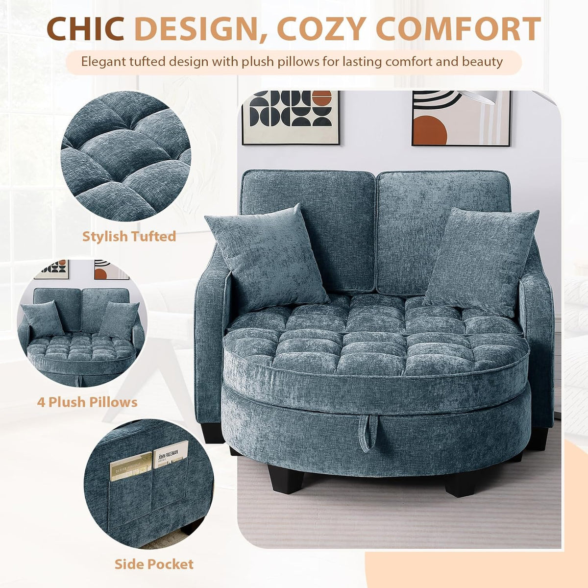 Oversized Curved Chaise Lounge Chair Indoor with Ottoman, 54.8" Cloud Reading Chair Soft Chenille Circle Couch w/Adjustable Backrest for Living Room, Apartroom, Bedroom, Blue