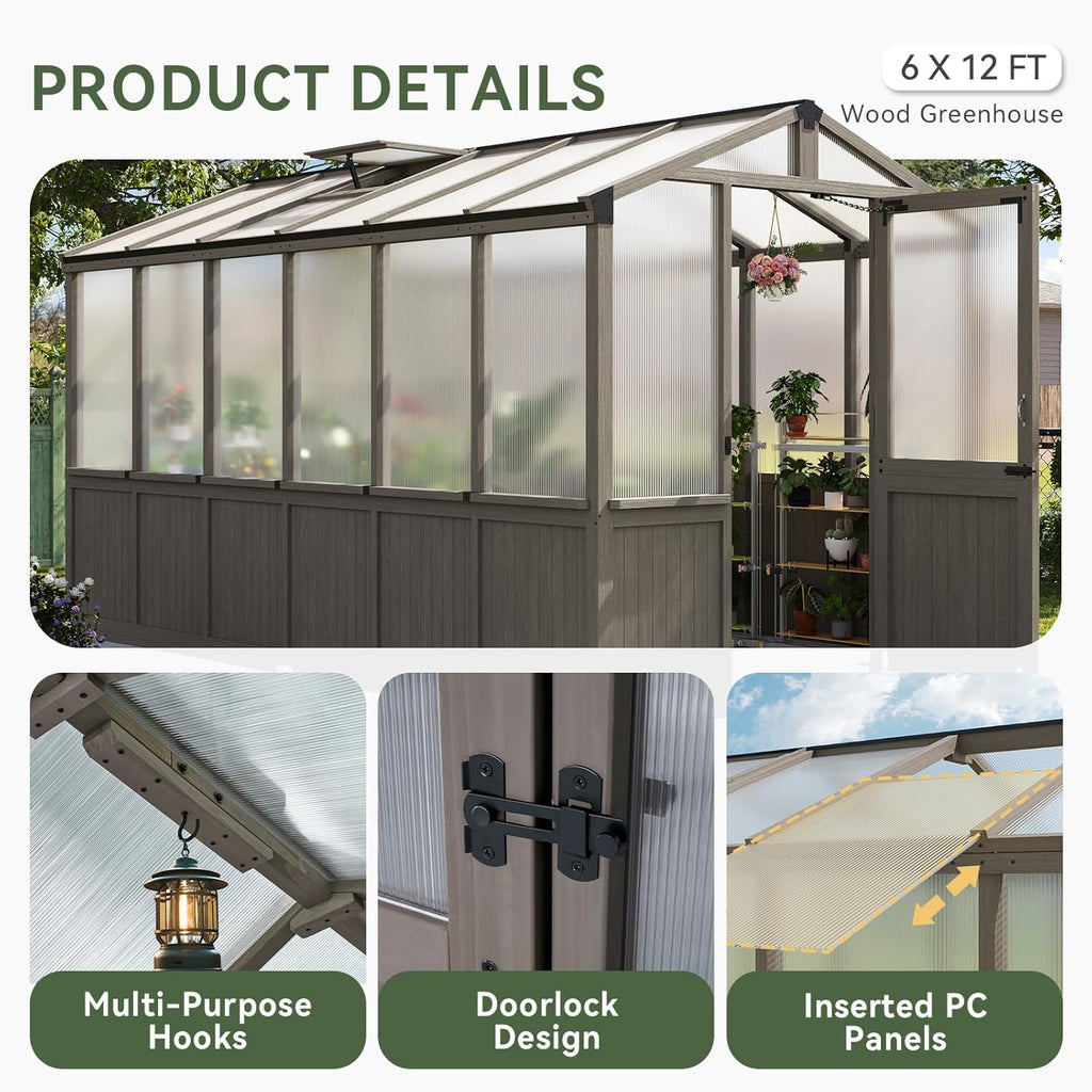 Aoxun 6x12 FT Wood Green House for Outdoors, Polycarbonate Panel Wooden Walk-in Greenhouse Kit with Automatic Temperature Control Roof Vent and Lockable Door, for Outside Backyard Garden, Gray