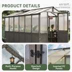 Aoxun 6x12 FT Wood Green House for Outdoors, Polycarbonate Panel Wooden Walk-in Greenhouse Kit with Automatic Temperature Control Roof Vent and Lockable Door, for Outside Backyard Garden, Gray
