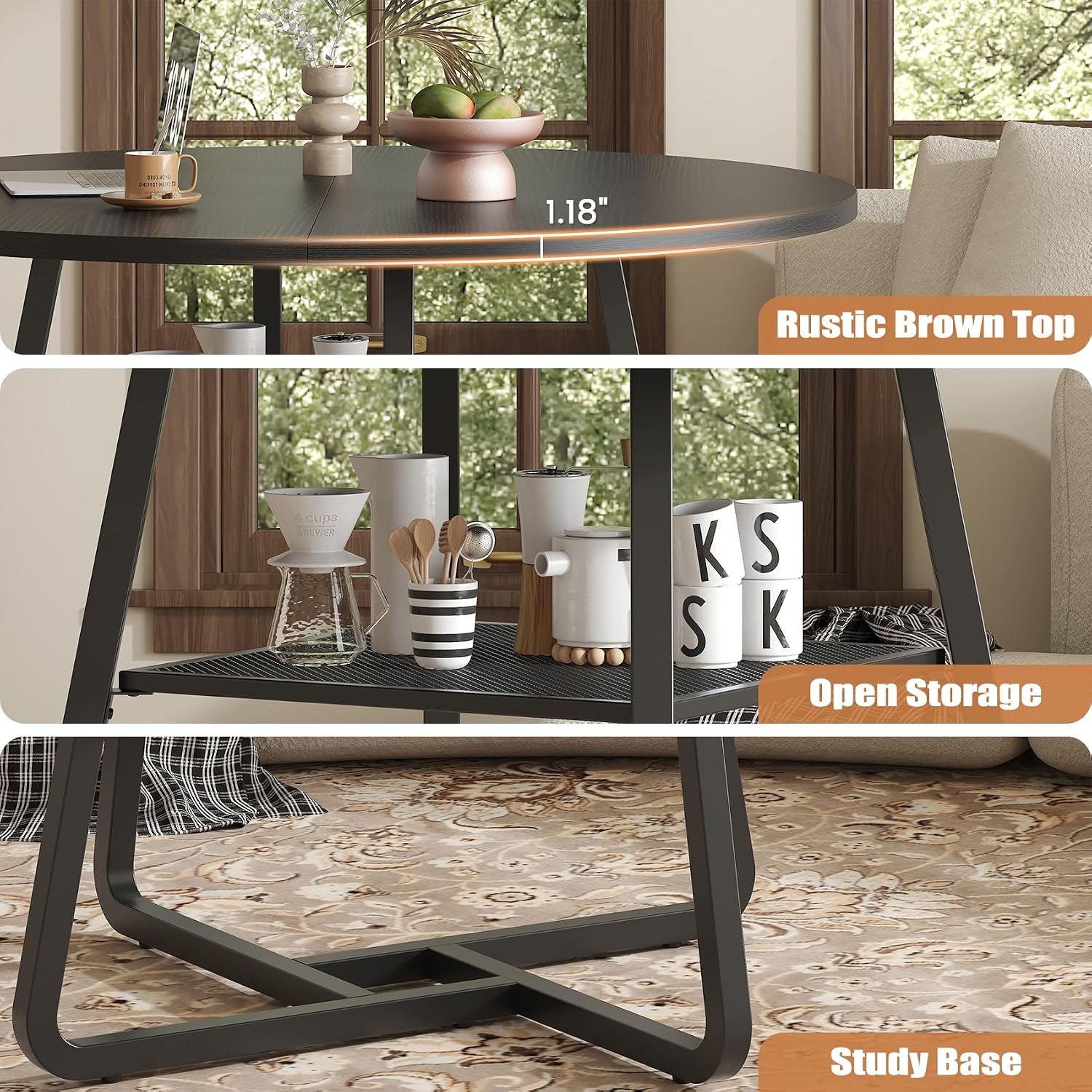 Bigbiglife 43.3" Dining Table for 4, Round Kitchen Table with Storage, Space Saving Circle Dinner Table, Farmhouse Kitchen & Dining Room Tables with Metal Legs for Dining Room (Black)
