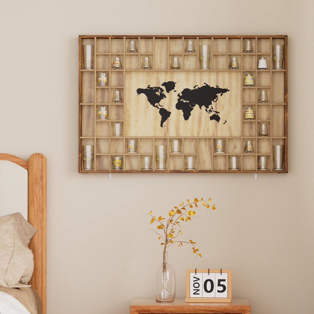 68 Large World Map Shot Glass Display Case Rustic Shot Glass Holder 37x 24.4in Brown Wood Shelf for 2 Different Sizes Glasses Shelf Wall Mount Storage Cabinet for Bar Home Kitchen