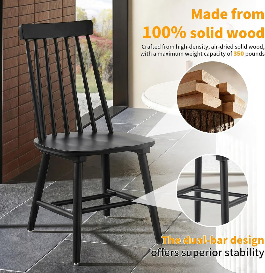 Black Wood Dining Chairs Set of 6, Windsor Farmhouse | Spindle Back, Solid Wood, Farmhouse Style, for Kitchen & Dining Room, Easy Assembly, Set of 6 Black, Country Decor