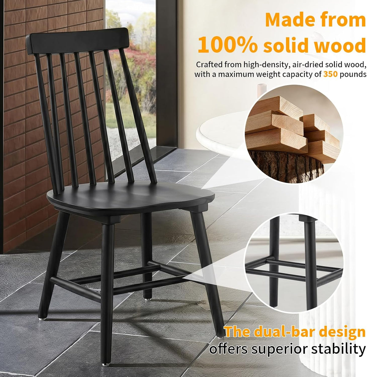 Black Wood Dining Chairs Set of 6, Windsor Farmhouse | Spindle Back, Solid Wood, Farmhouse Style, for Kitchen & Dining Room, Easy Assembly, Set of 6 Black, Country Decor