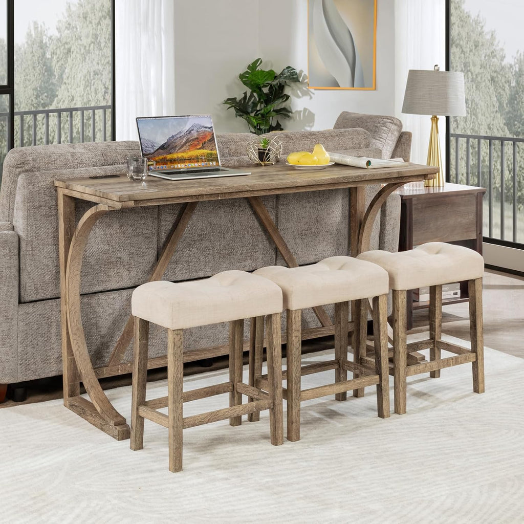 4-Piece Bar Table Set with Power Outlet, Dining Table and Chairs Set with 3 Padded Stools for Living Room/Dining Room/Game Room, Brown