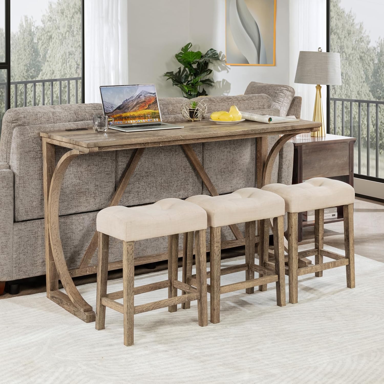 4-Piece Bar Table Set with Power Outlet, Dining Table and Chairs Set with 3 Padded Stools for Living Room/Dining Room/Game Room, Brown