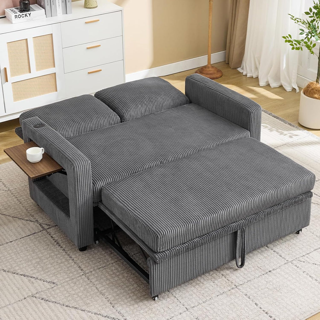 3 in 1 Convertible Sofa Bed, Pull Out Couch with Dual USB and Type C Ports, Chenille Fabric Loveseat Sleeper Sofa Bed, Sofa Bed with Foldable Side Table for Living Room Home Office Apartment