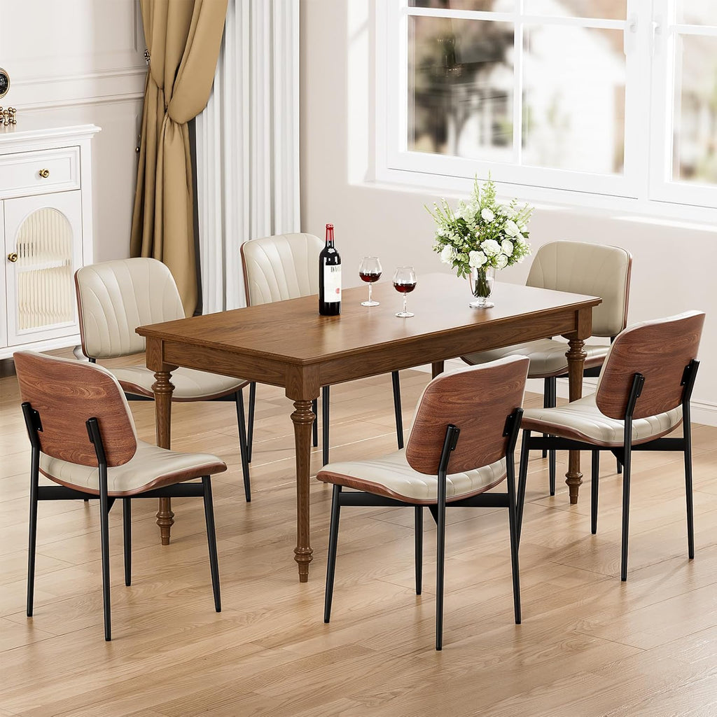 YaFiti Dining Chairs Set of 4, Dining Room and Kitchen Chairs, Mid Century Modern Accent Chair, Upholstered PU Leather Chairs for Vanity with Walnut Bentwood and Metal Legs, Greige