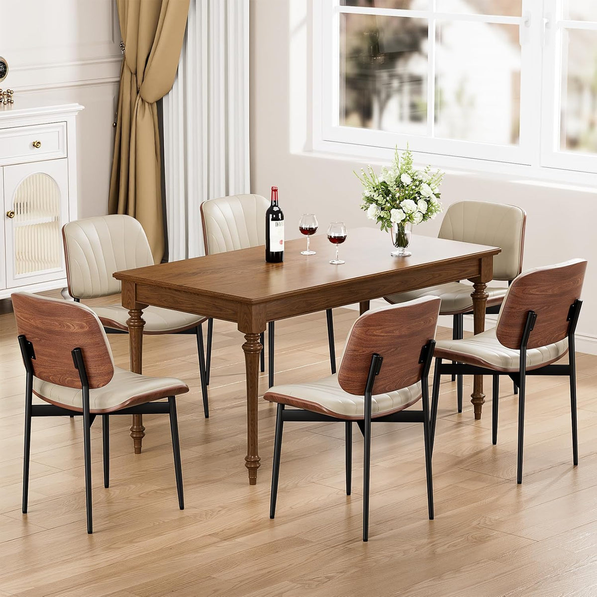 YaFiti Dining Chairs Set of 4, Dining Room and Kitchen Chairs, Mid Century Modern Accent Chair, Upholstered PU Leather Chairs for Vanity with Walnut Bentwood and Metal Legs, Greige
