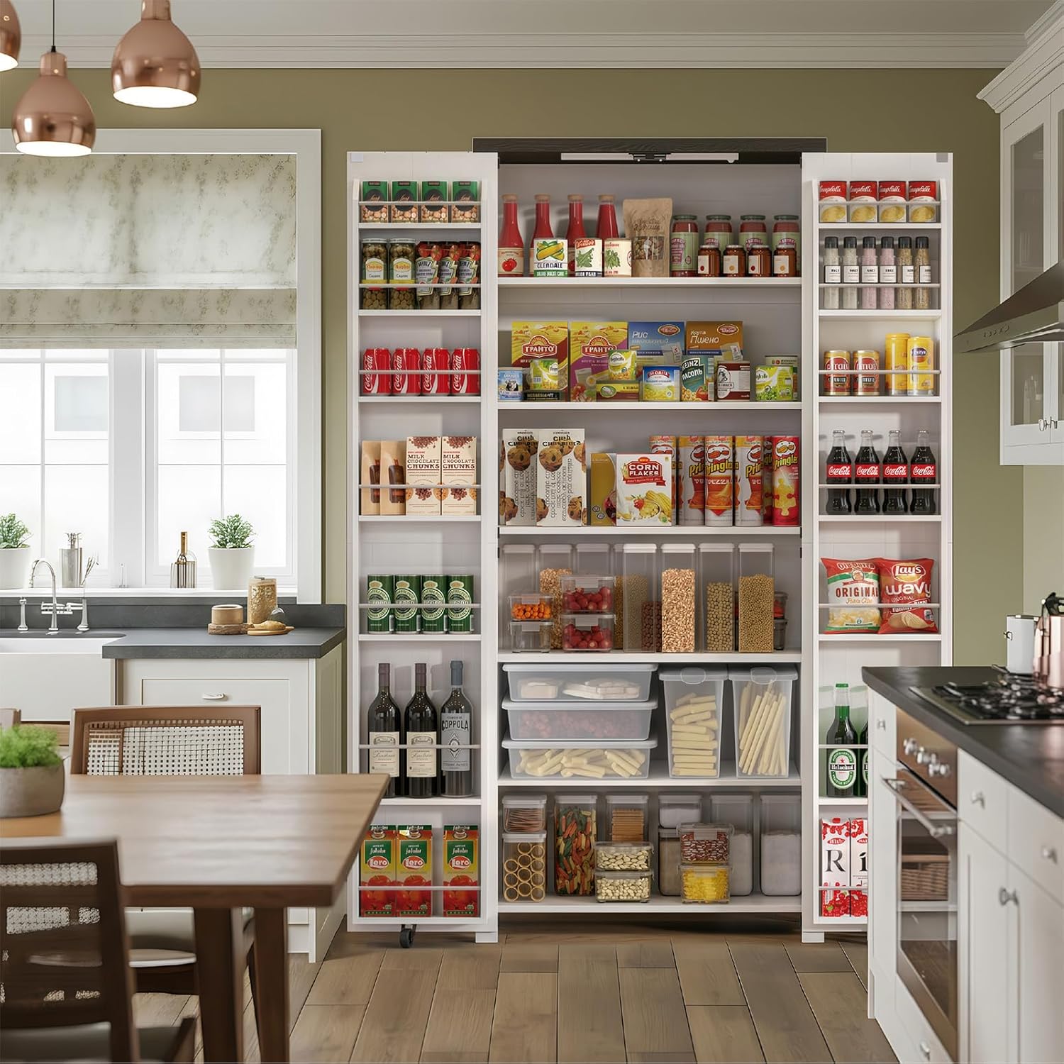 Food Pantry Storage Cabinet with Led Light, 71" Tall Farmhouse Kitchen Pantry Cabinet with Adjustable Shelves, Free Standing Craft Storage Cabinets for Craft Room, Dinning Room or Living Room, White