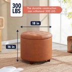 Ornavo Home 18" Round Storage Ottoman with Lid, Holds 300 lbs, Cognac | Faux Leather Tufted Fabric; Foot Rest Stool & Vanity Chair For Living Room, Bedroom Or Entryway