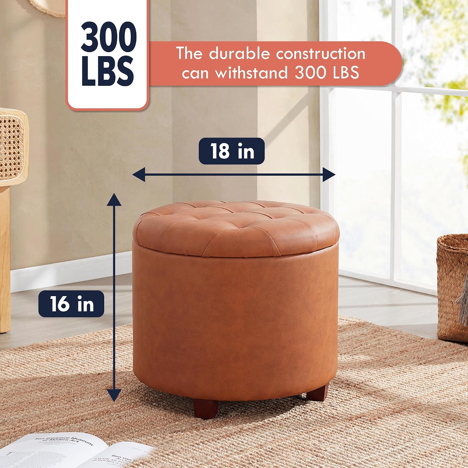 Ornavo Home 18" Round Storage Ottoman with Lid, Holds 300 lbs, Cognac | Faux Leather Tufted Fabric; Foot Rest Stool & Vanity Chair For Living Room, Bedroom Or Entryway