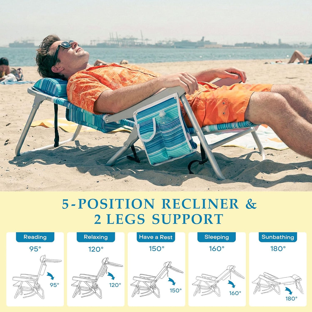 Beach Chairs for Adults, Portable Folding Backpack Beach Chair Heavy Duty 5-Position Lay Flat with Cooler Bag, Cup Holder for Outdoor/Lawn/Trip/Picnic/Fishing/Camping