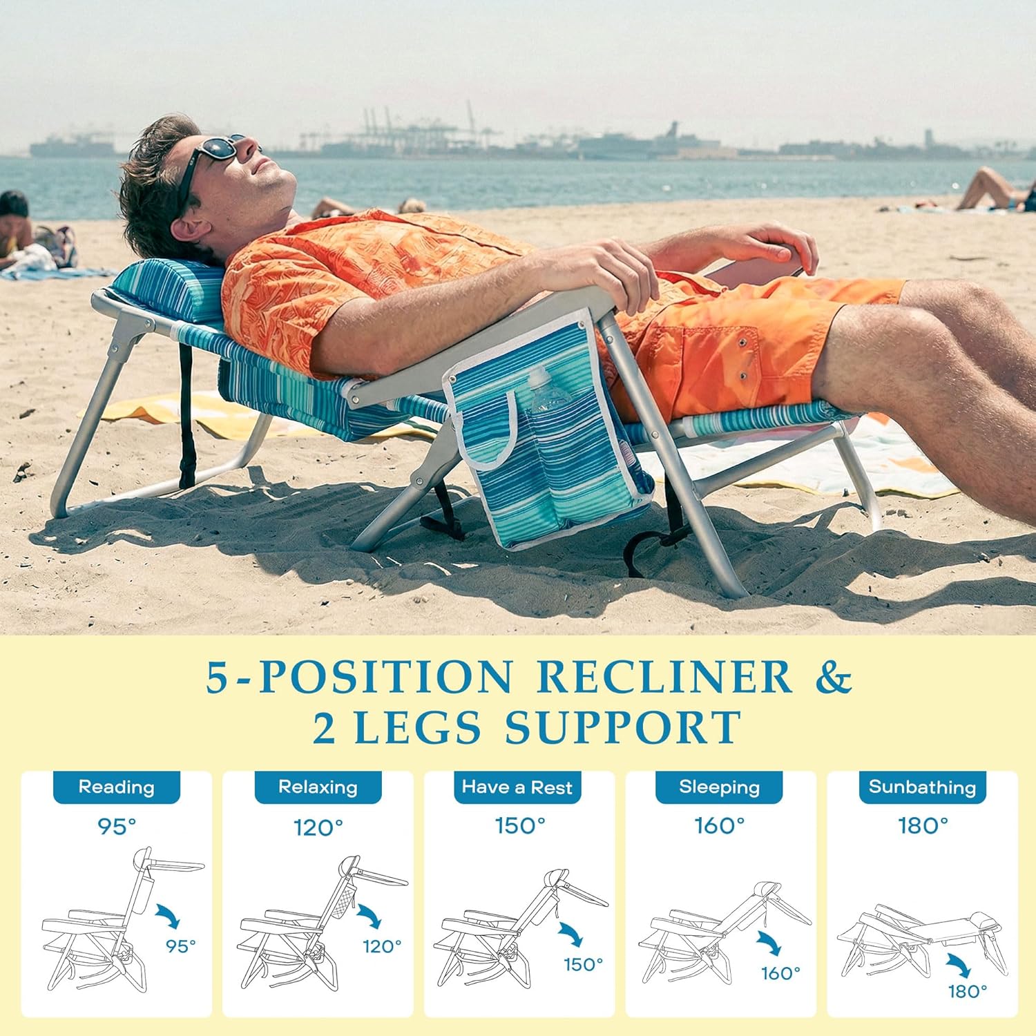 Beach Chairs for Adults, Portable Folding Backpack Beach Chair Heavy Duty 5-Position Lay Flat with Cooler Bag, Cup Holder for Outdoor/Lawn/Trip/Picnic/Fishing/Camping
