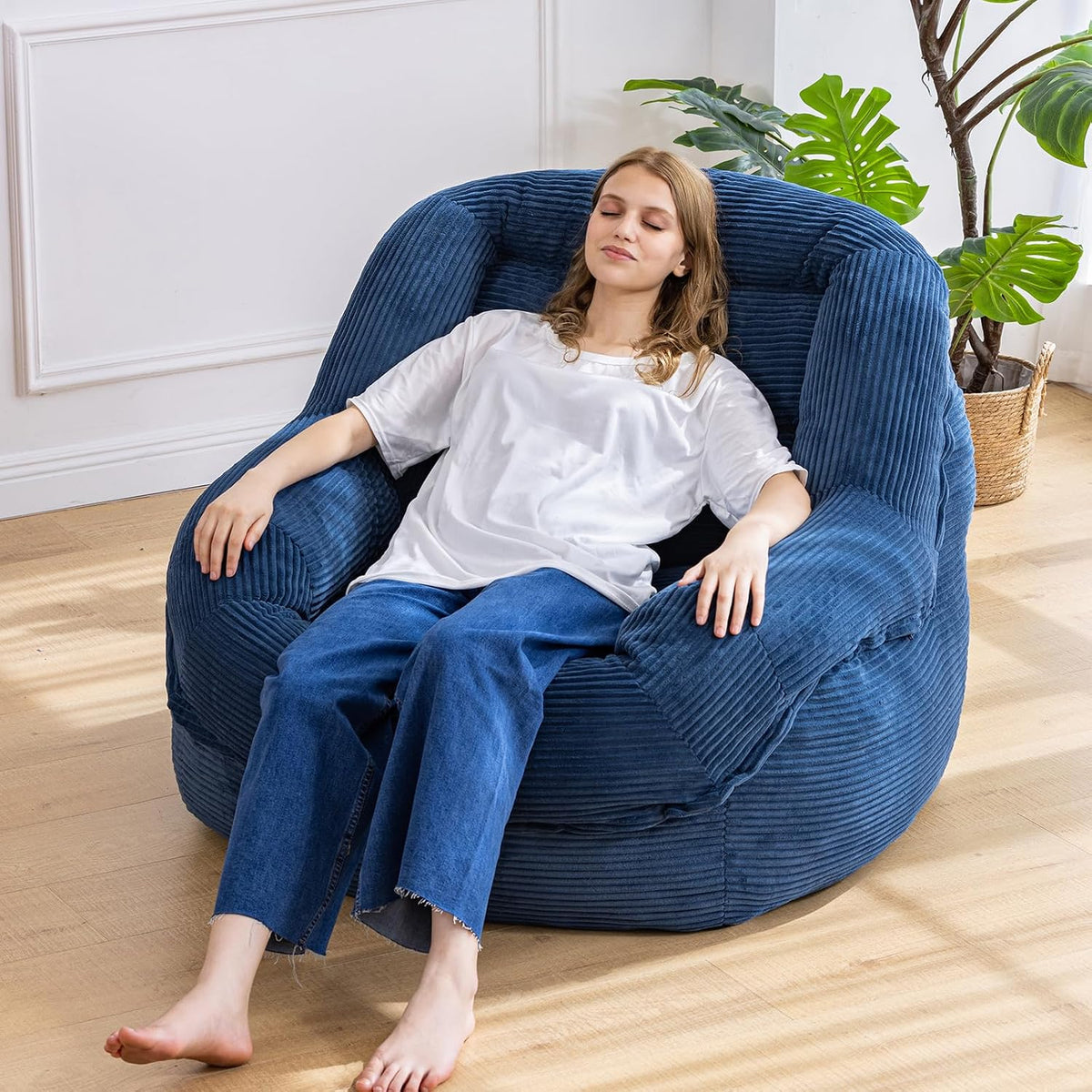 Giant Bean Bag Chair for Adults, Oversized Floor Lounge Chair with Armrests | Royal Blue, soft corduroy and resilient foam for living rooms, bedrooms, reading nooks, gaming rooms, movie nights, and pets