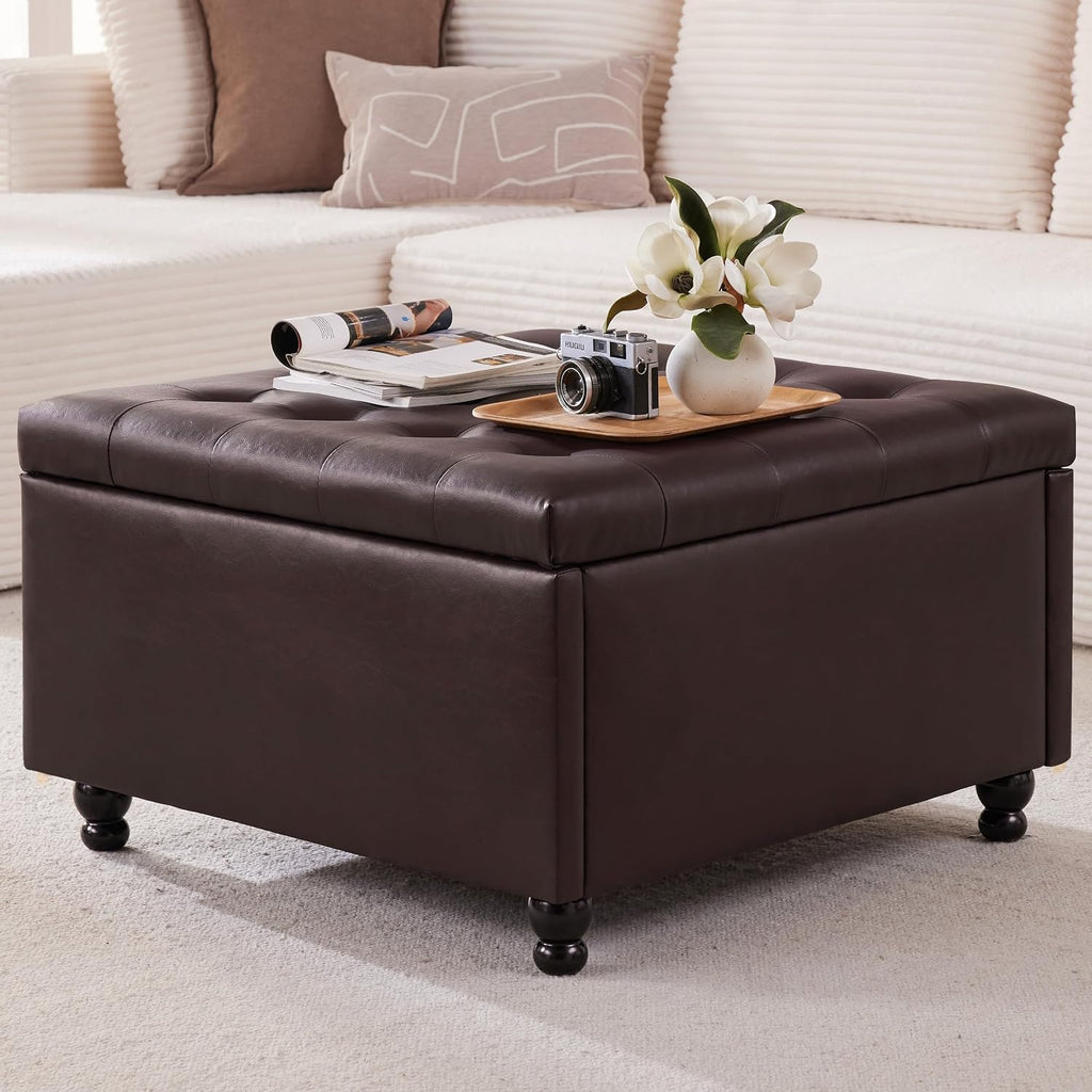 30" Large Square Ottoman with Storage, Leather Ottoman Coffee Table, Brown | Tufted Upholstered Ottoman for Living Room, Oversized Square Storage Ottoman for Bedroom and Entryway, Solid Wood Frame