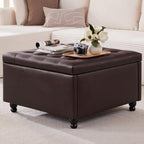 30" Large Square Ottoman with Storage, Leather Ottoman Coffee Table, Brown | Tufted Upholstered Ottoman for Living Room, Oversized Square Storage Ottoman for Bedroom and Entryway, Solid Wood Frame