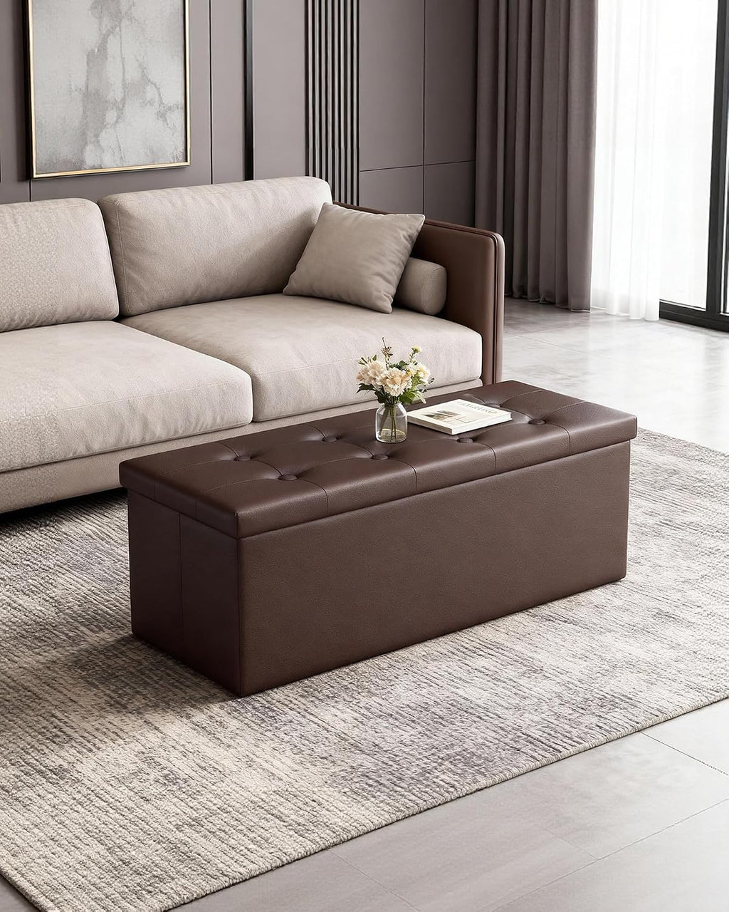 LITZFUR 43" Storage Ottoman Bench, Folding Faux Leather Chest, Brown | Stroage Box with 2 Dividers, Foot Rest Stool, Padded Seat for Bedroom, Entryway, Living Room