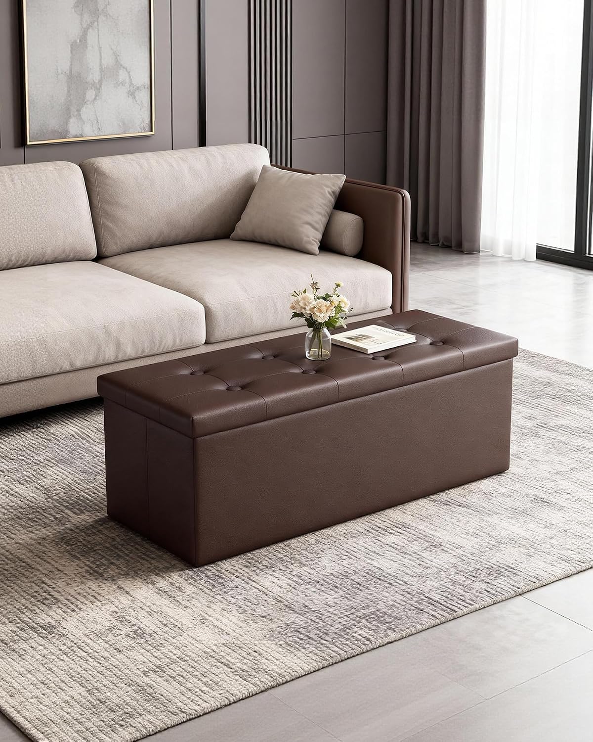 LITZFUR 43" Storage Ottoman Bench, Folding Faux Leather Chest, Brown | Stroage Box with 2 Dividers, Foot Rest Stool, Padded Seat for Bedroom, Entryway, Living Room
