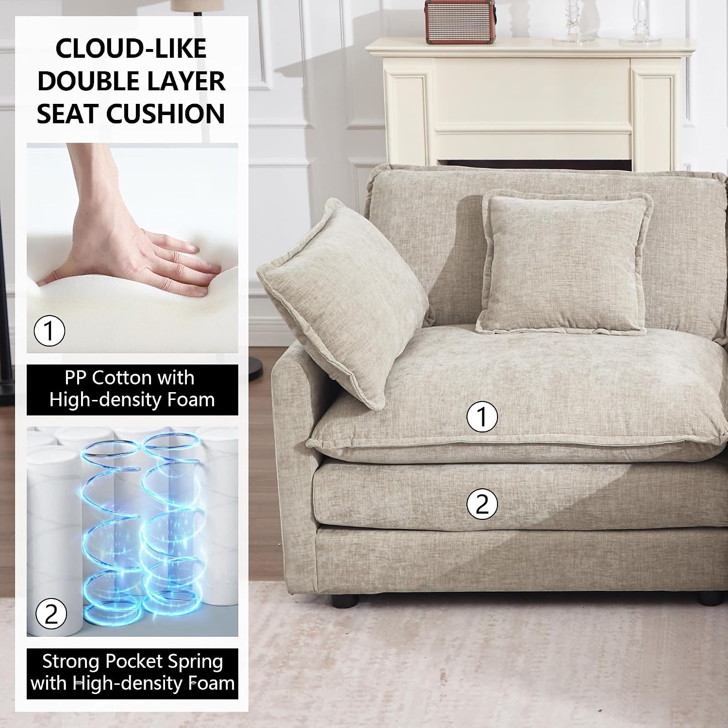 KIVENJAJA 111.5" W L Shaped Modular Cloud Sectional Sofa Couch for Living Room, Comfy Chenille Deep Seat 3 Seater Couch with Ottoman Chaise for Apartment Dorm, Camel