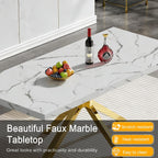 Faux Marble Dining Table Set for 6, Modern Kitchen Table Chairs Set 6, 70" Faux Marble Table with Gold Stainless Steel Leg, 6 White Pu Leather Chairs, 7 Piece Dining Set for Kitchen Living Dining Room