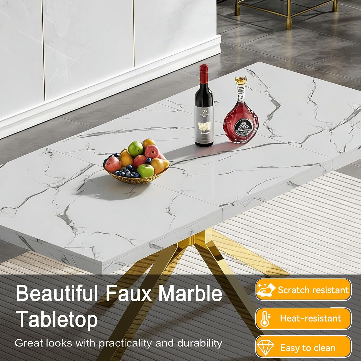 70 inch Faux Marble Dining Table for 4-6, Modern Kitchen Table with White Faux Marble Tabletop, Gold Stainless Steel X Base, Rectangular Dining Room Table for Dinner, Party, Meeting, Celebration
