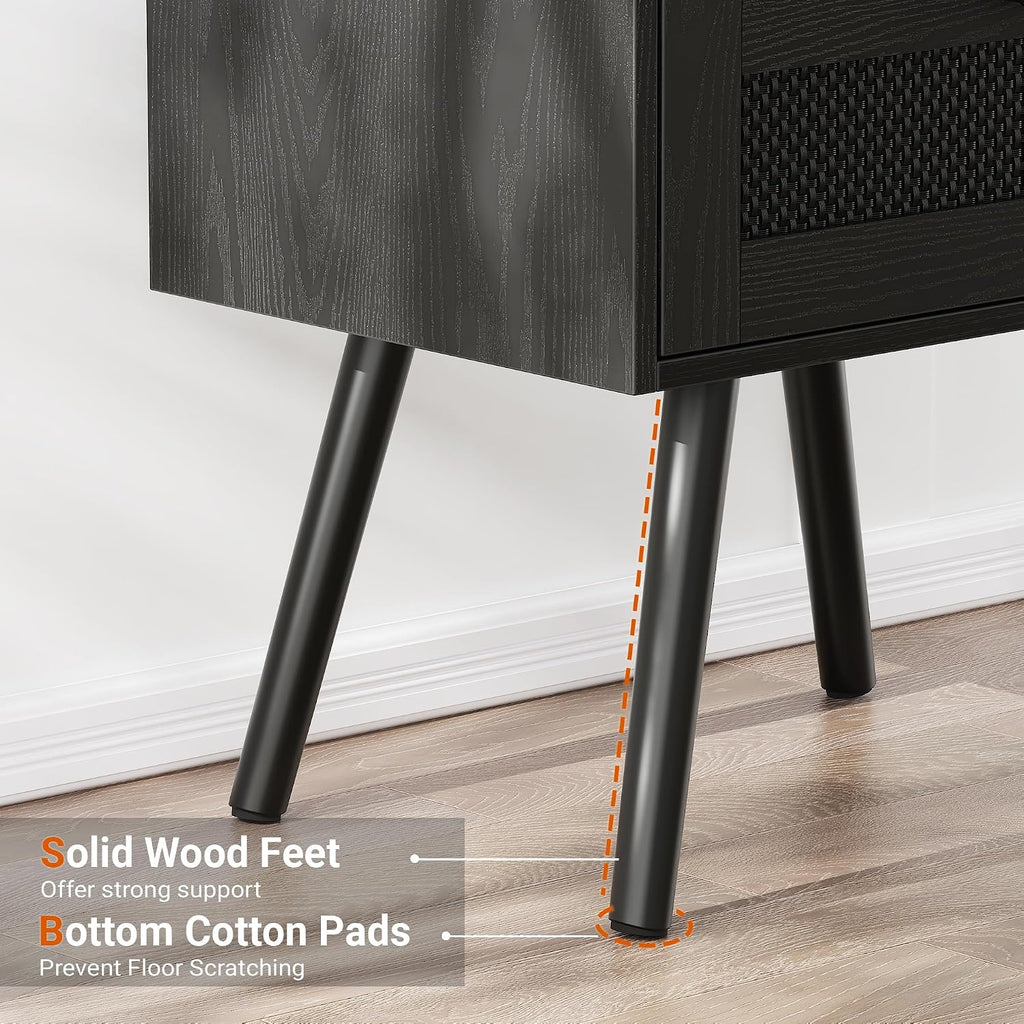 SUPERJARE Nightstands with Charging Station, Bedside Table Set of 2 with Texilene Surface Drawers, Rattan Side Table with Storage & Solid Wood Feet, End Table for Bedroom, All Black