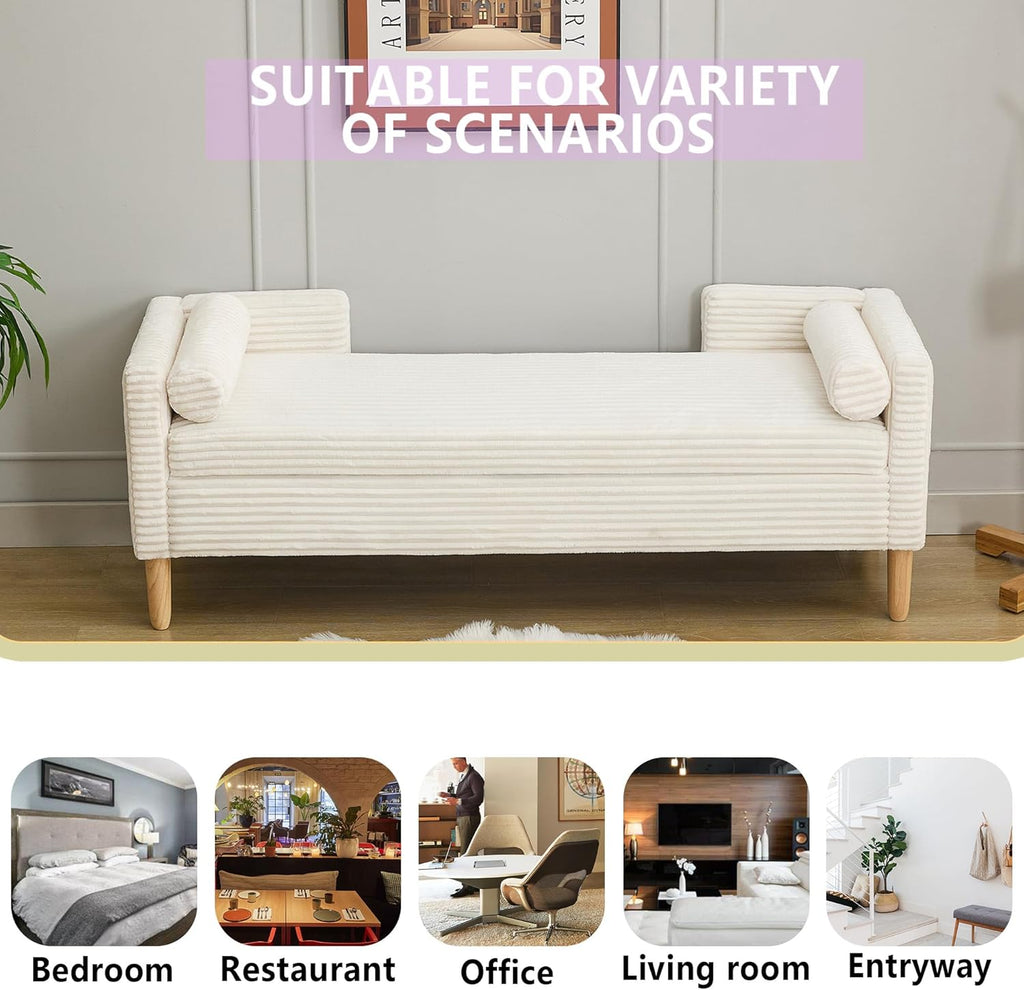 Corduroy Bed End Ottoman Bench with Storage,Upholstered Storage Benches with Back and Arms,65.35" Long Armed Storage Bench for Living Room,Bedroom,Entryway,Window (Ivory White, 65.35“)
