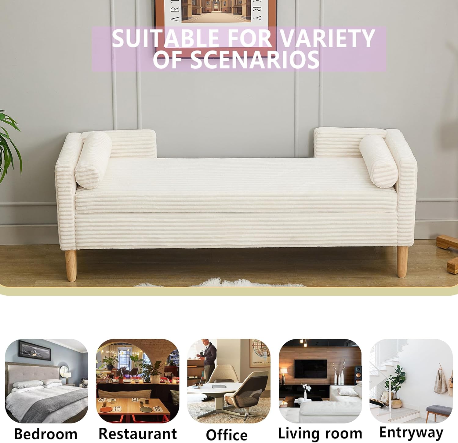 Corduroy Bed End Ottoman Bench with Storage,Upholstered Storage Benches with Back and Arms,65.35" Long Armed Storage Bench for Living Room,Bedroom,Entryway,Window (Ivory White, 65.35“)