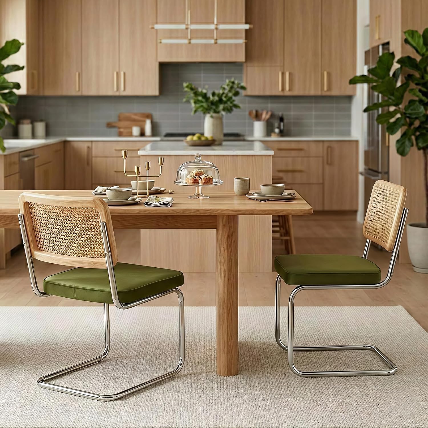 Rattan Dining Chairs Set of 2,Mid Century Modern Cane Back Chairs with Velvet Thickened Cushion, Solid Wood Back and Metal Legs for Dining Room/Kitchen/Living Room,Green