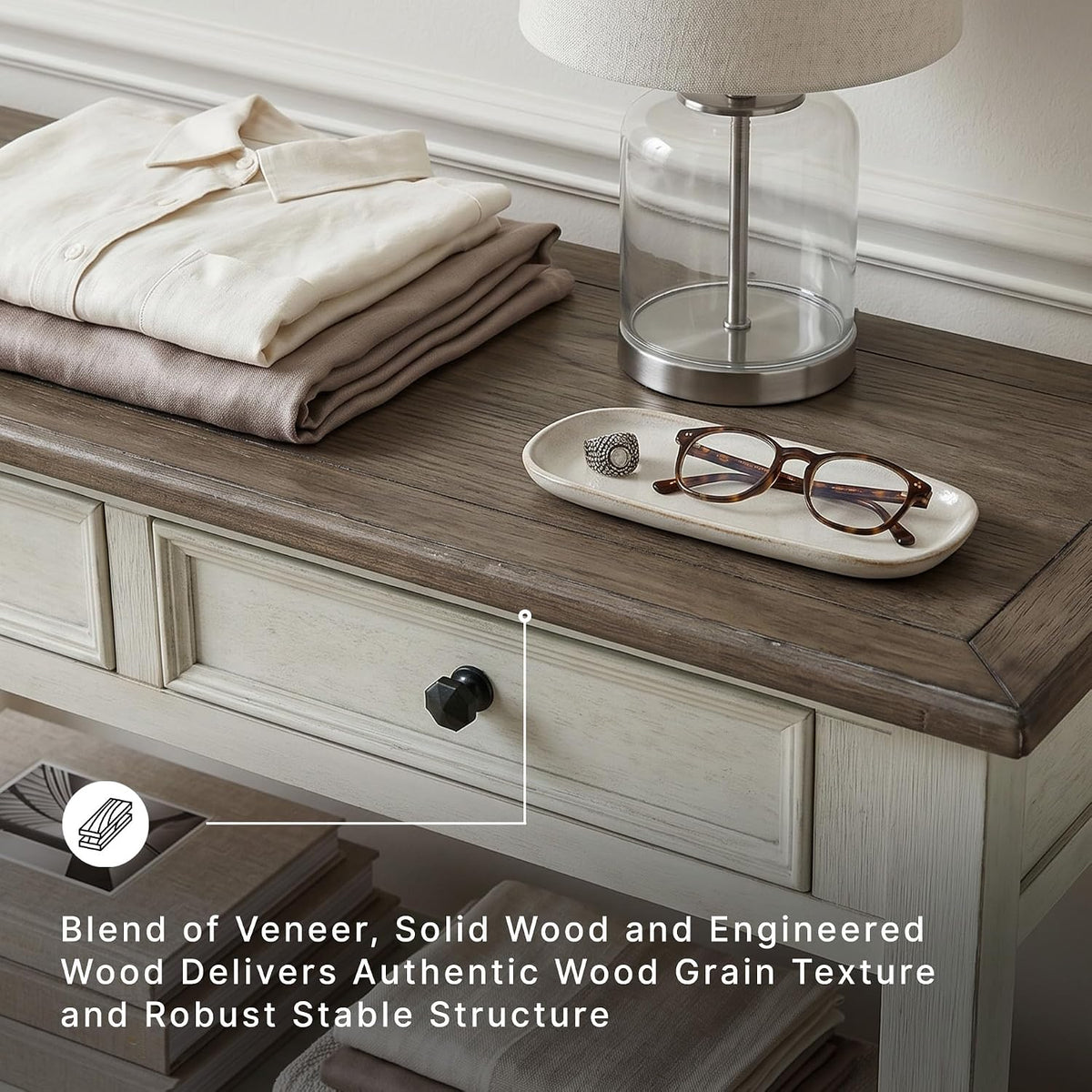 Signature Design by Ashley Bolanburg Farmhouse Sofa Console Table, White | Two-tone wood console, 22-inch deep storage, 2 smooth drawers, Made of veneers, wood and engineered wood