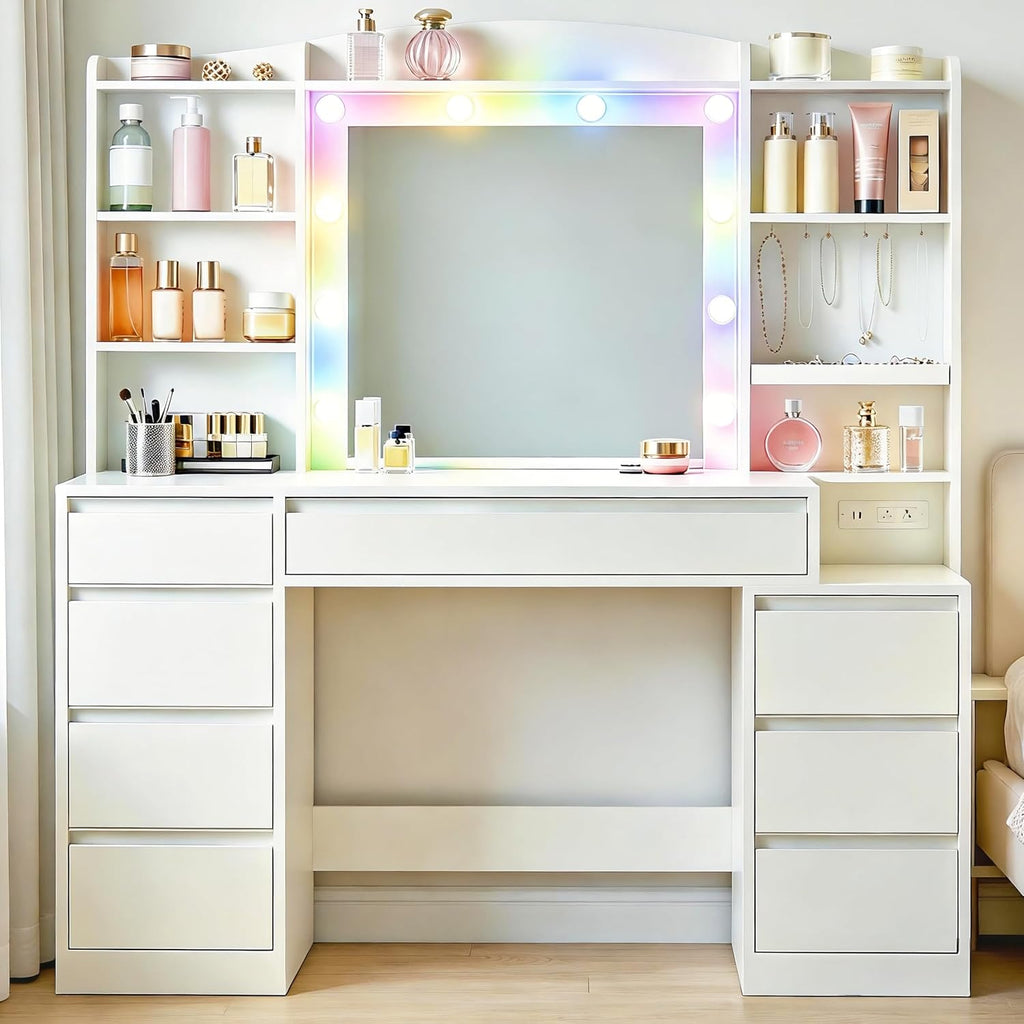 HEXCELEN 47" Vanity Desk with LED Lights, 8 Drawers, 20" Mirror, 2AC+2USB Charging, FSC Wood White Makeup Vanity