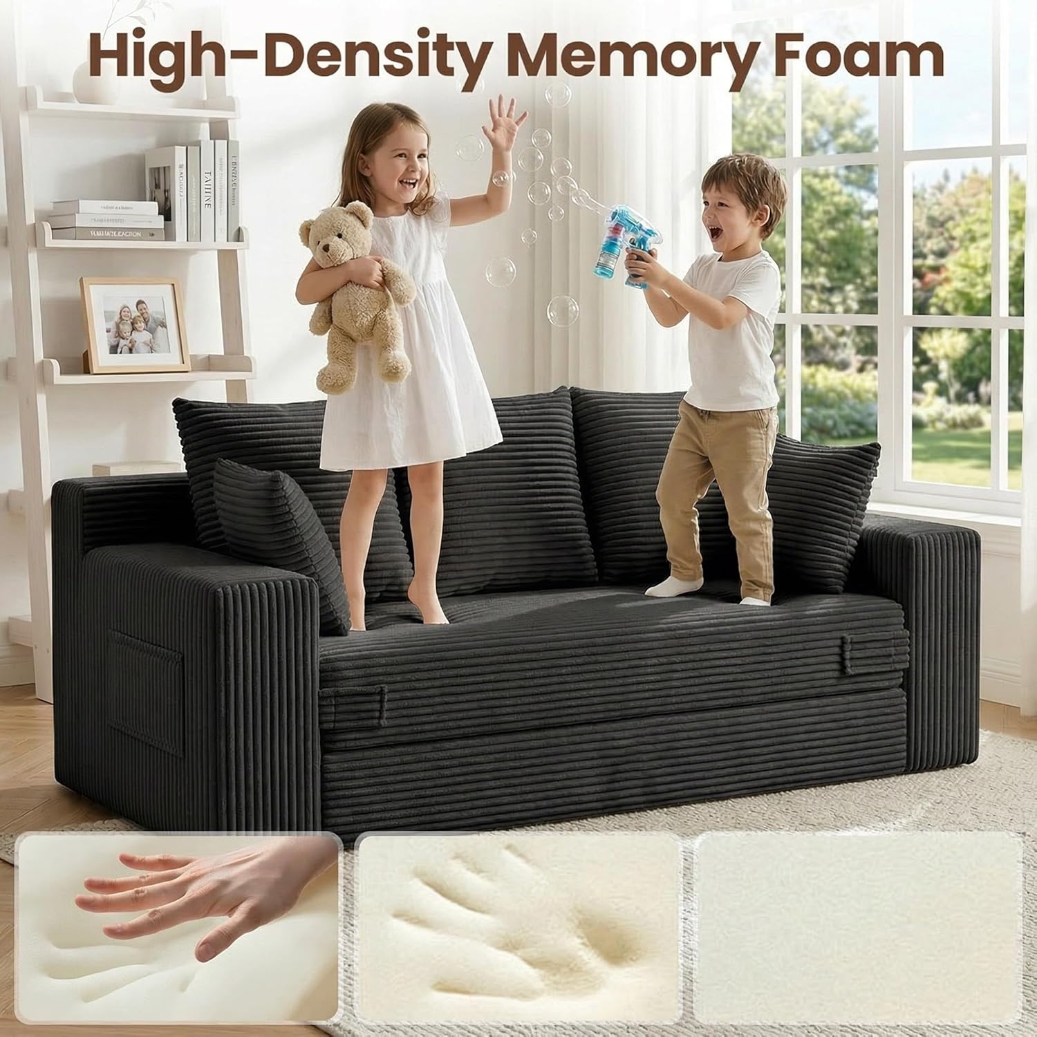 JUIKURY Couches 70 inch: 3-in-1 Convertible Sofa Bed Futon Couch Bed, Oversized Loveseat Sleeper Sofa with 5 Pillows, Black Small Couch for Living Room, Bedroom & Small Space