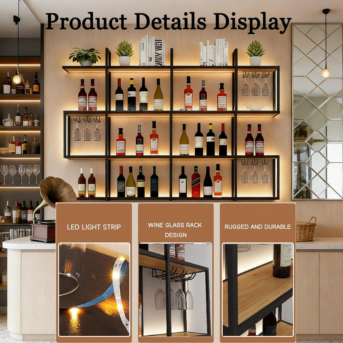 47.2 in Wall Wine Rack with LED Light, 4-Tier Metal Wine Rack with Shelves, Industrial Hanging Liquor Bottles Storage Rack Restaurant Deco (Black,120cm)