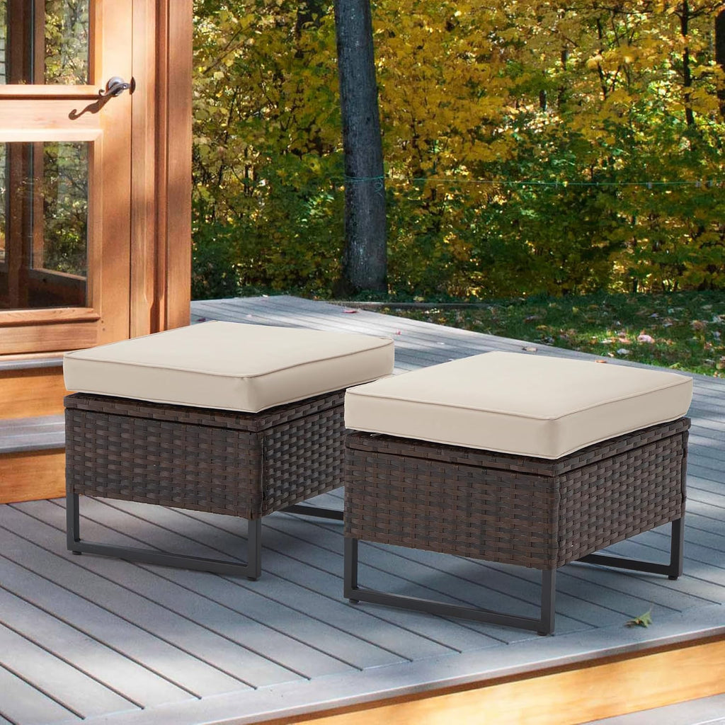 AVAWING Outdoor Wide Wicker Ottomans Set of 2, All-Weather Rattan Ottoman Seat for Garden, Backyard and Balcony, Patio Footstool with Removable Cushions, Beige 18.5" D x 22" W x 17" H